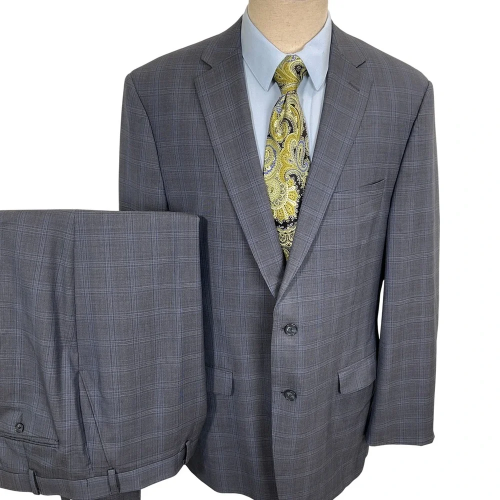 Austin Reed Ticknors Suit Mens 46L 39W 35L Gray Blue Plaid Classic 2 Button Wool